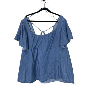 Old Navy Womens Flutter Sleeve Jean Blouse Top Size 4X New Flowy Tie Back Denim